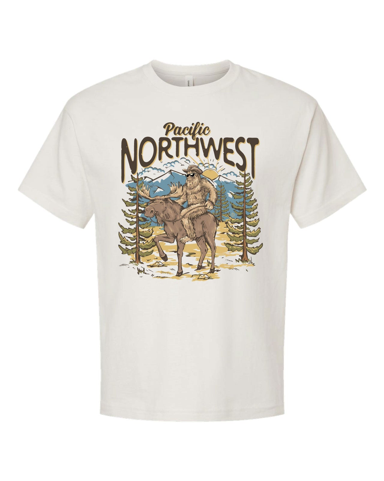 Pacific Northwest Sasquatch Riding Moose Tee - Vintage White (100% Cotton)