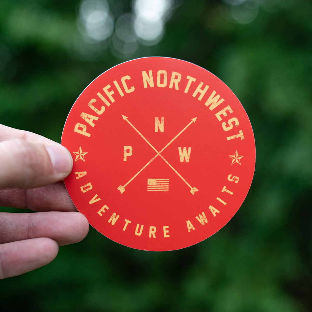 PNW Adventure Awaits Red Circle Sticker